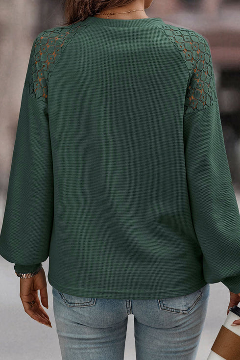 Lace Shoulder Waffle Knit Raglan Long Sleeve Top